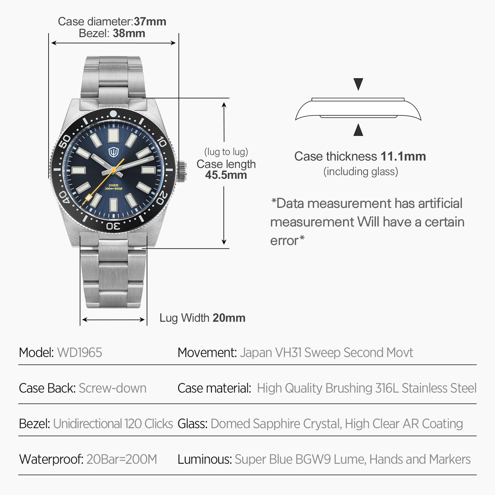Watchdives 37Mm WD1965 V2 Man  - Accessories With Watch ulasan dan harga